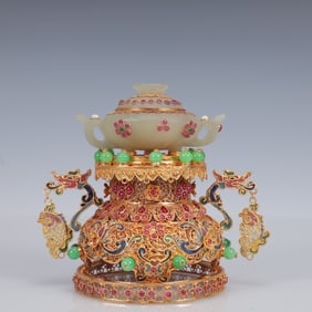 An Exquisite Filigree and Gilding Inlaid White Jade Double-Ears Censer,Inlaid Gems