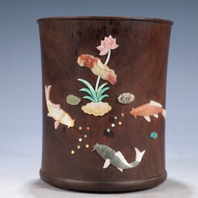An Exquisite Zitanwood Lotus and Fish Pattern Tripod Brush Pot,Inlaid Gems