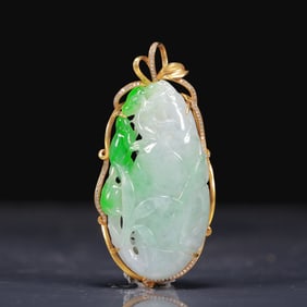 18K Gold Natural Jadeite Bamboo Pendant, with Natural Diamond