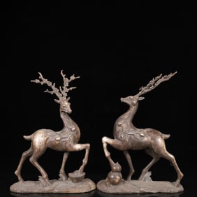A Pair of Exquisite Silver Sika Deer Ornaments