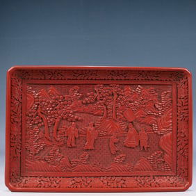 A Rare Carved Red Lacquer Landscape and Figure Pattern Plate