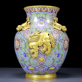 An Exquisite Cloisonne Lotus and Lion Pattern Double-Ears Vase