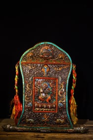 A Rare Bronze Inlaid Dzi Bead and Gems Painted Color Buddha Pattern Tangka