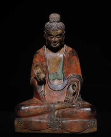 A Solemn Limestone Painted Color Statue of Sakyamuni