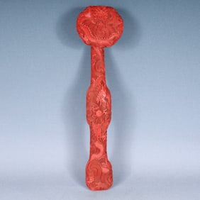 A Huge Carved Red Lacquer Dragon Pattern Ruyi