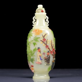An Exquisite White Jade Inlaid Gems Character and Story Pattern Double-Ears Bottle