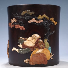 An Exquisite Zitanwood Landscape and Figure Pattern Brush Pot,Inlaid Gems