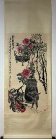 A Chinese Vertical Scroll Ink Painting of Flower and Fruit on Paper,Wu Changshuo