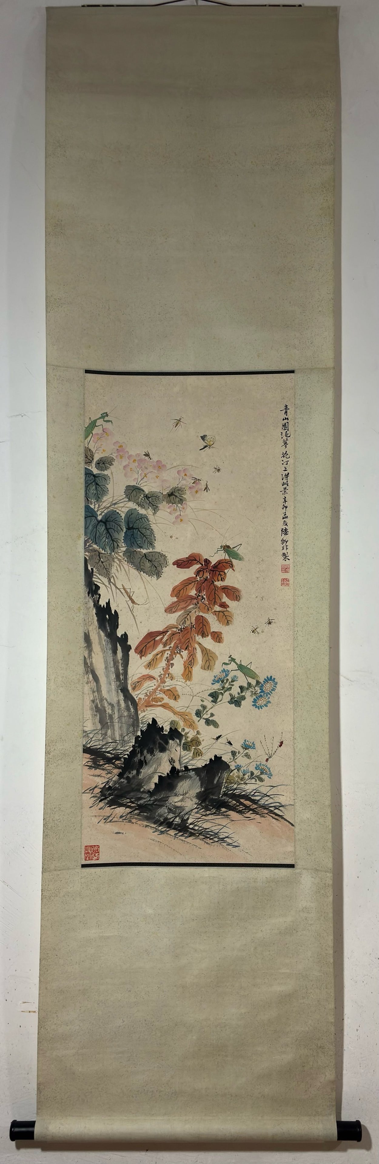 A Chinese Vertical Scroll Ink Painting of Flower and Insect on Paper,Lu Yifei (1 of 9)