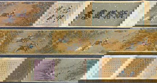 A Chinese Hand Scroll Ink Painting of Hunting on Silk,Lang Shining