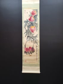 A Chinese Vertical Scroll Ink Painting of Peach on Paper,Qi Baishi