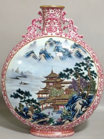 A Rare Ruby Red-Glazed Famille-Rose Painted Gold Landscape and Figure Pattern Dragon-Ears Vase