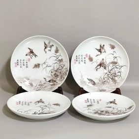 A Set of Fine Ink Color Flower and Bird Pattern Plates,With Poem
