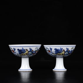 A Pair of Exquisite Doucai Lotus and Auspicious Beast Pattern Stem Cups