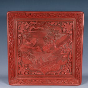 A Huge Carved Red Lacquer Landscape and Figure Pattern Plate