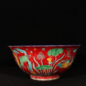 An Exquisite Red Glazed Enamel Fish and Algae Pattern Bowl