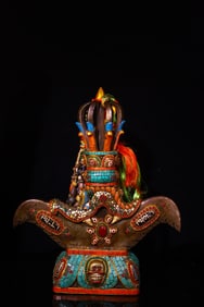 A Rare Bronze Painted Color Inlaid Gems and Dzi Bead Ornament