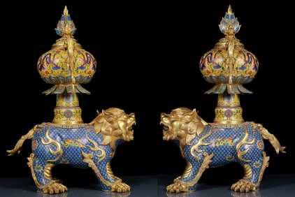 A Pair of Huge Cloisonne Dragon Pattern Auspicious Beast Censers