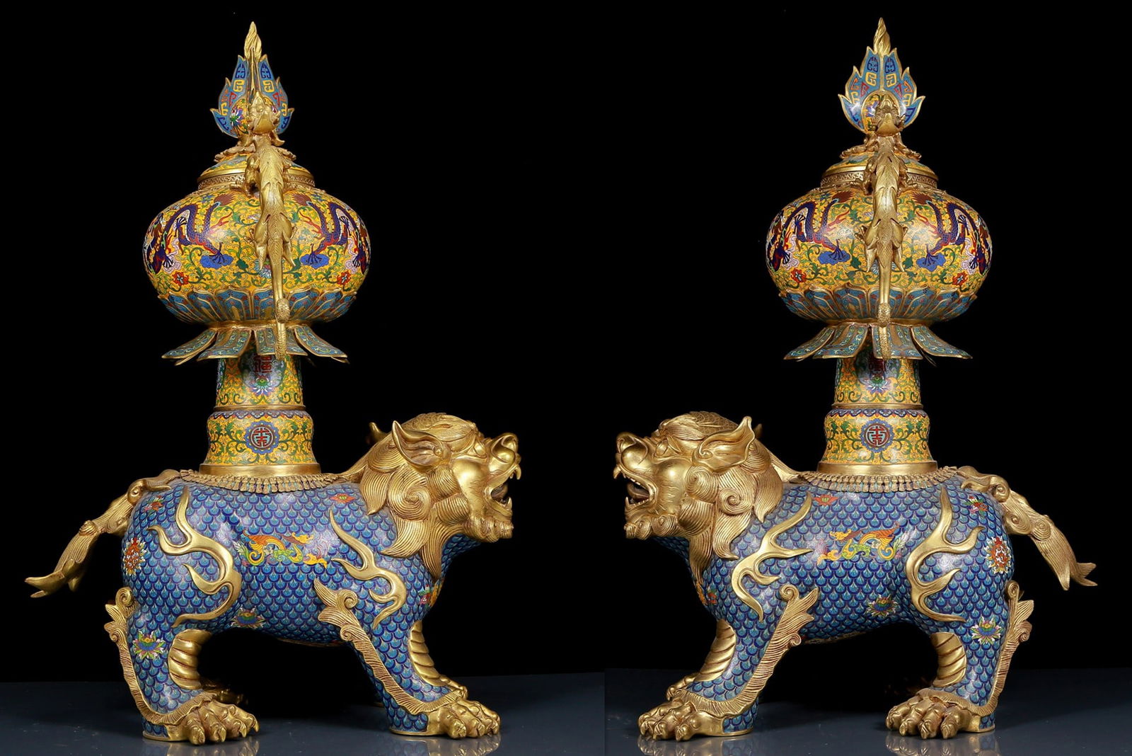 A Pair of Huge Cloisonne Dragon Pattern Auspicious Beast Censers: A Pair of Huge Cloisonne Dragon Pattern Auspicious Beast Censers,Qing Dynasty, China,Qianlong Four-character Mark,Size:22.4inx14.6inx30.7in,Total Weight:63.00kg 一对景泰蓝
