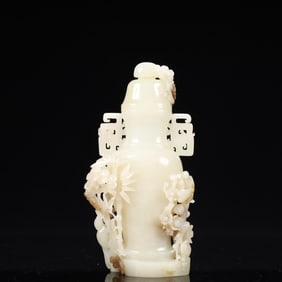 An Exquisite White Jade Pine, Bamboo and Plum Blossom Pattern Double-Ears Bottle