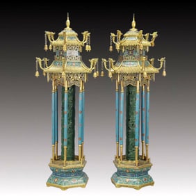 A Pair of Exquisite Cloisonne Inlaid Jasper Flower Pattern Pagodas