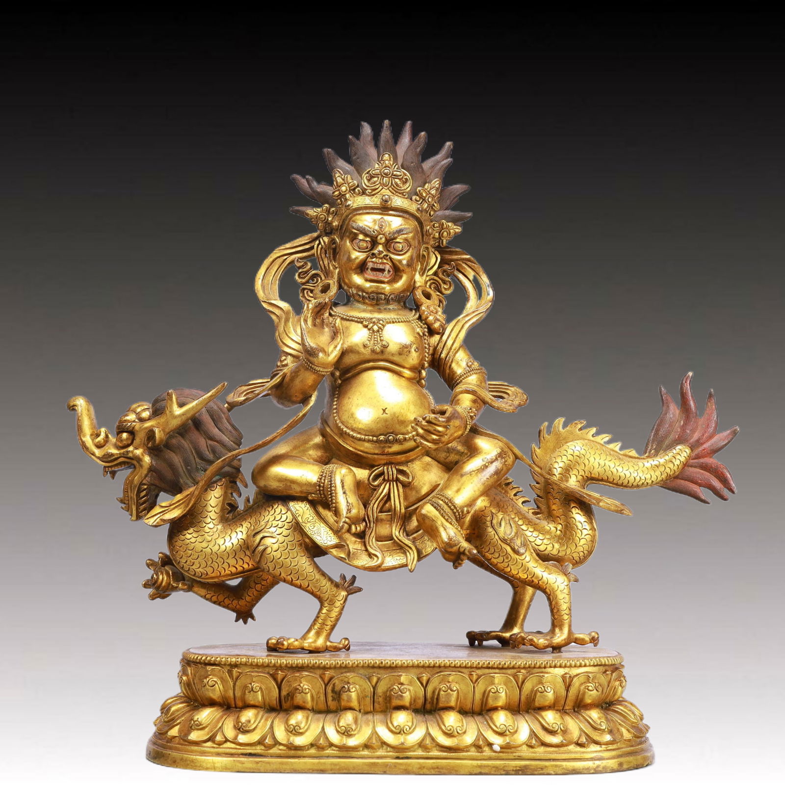 A Solemn Gilt Bronze Statue of Mammon Rides the Dragon: A Solemn Gilt Bronze Statue of Mammon Rides the Dragon,Qing Dynasty, China,Size:15.4inx5.1inx15.2in Weight:11200g 铜鎏金骑龙财神像,中国ę