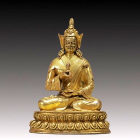 A Solemn Gilt Bronze Statue of Padma Sambhava,With Inscription