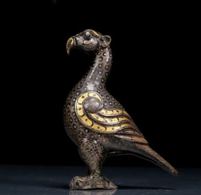 A Rare Bronze Inlaid Gold and Silver Auspicious Bird Ornament