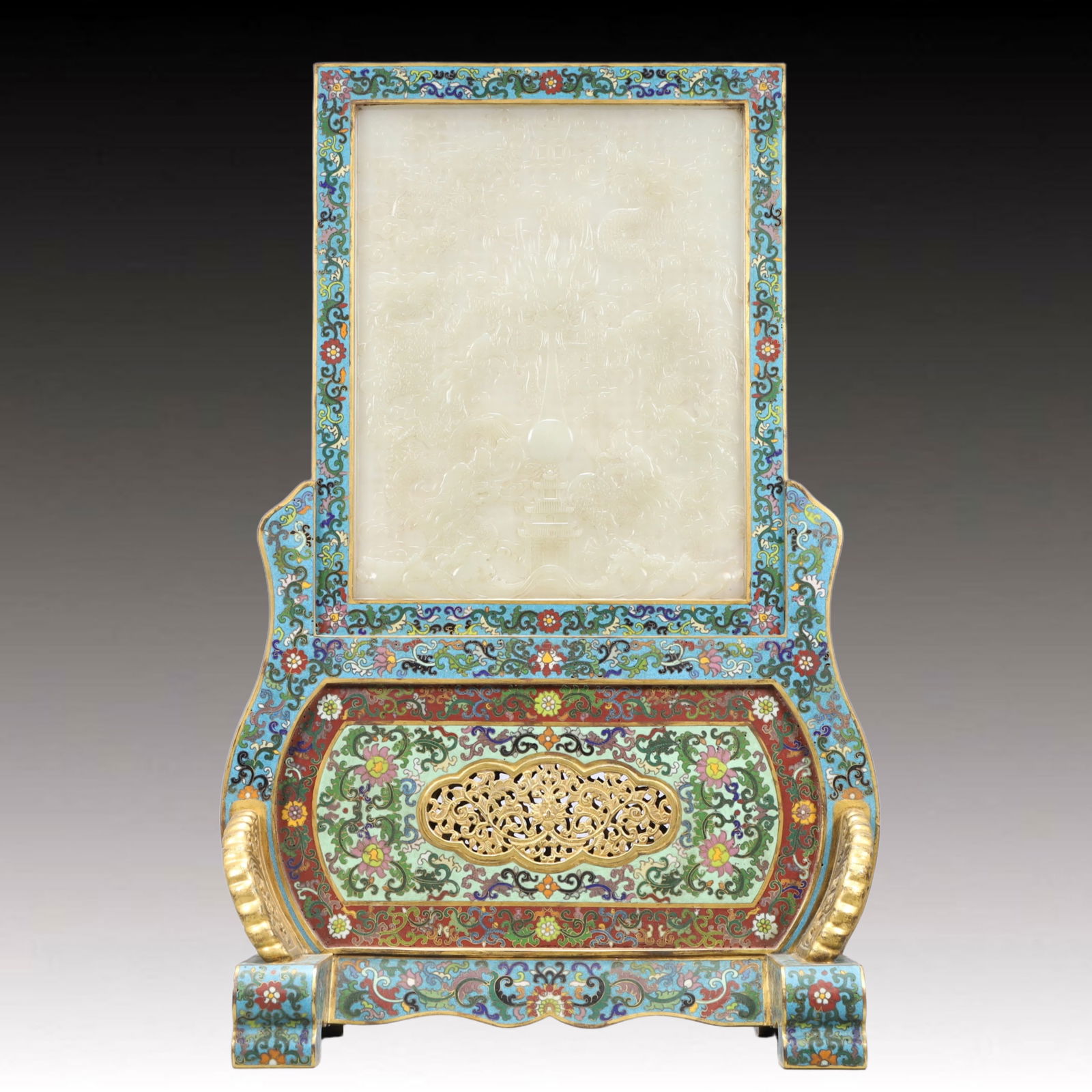 A Rare Cloisonne Inlaid White Jade Dragon Pattern Table Screen,with an Imperial Poem by Emperor: A Rare Cloisonne Inlaid White Jade Dragon Pattern Table Screen,with an Imperial Poem by Emperor Qianlong,Qing Dynasty, China,Qianlong Four-character Mark ,Size:13.8inx7.9inx23.4in,Weight:7800g 景