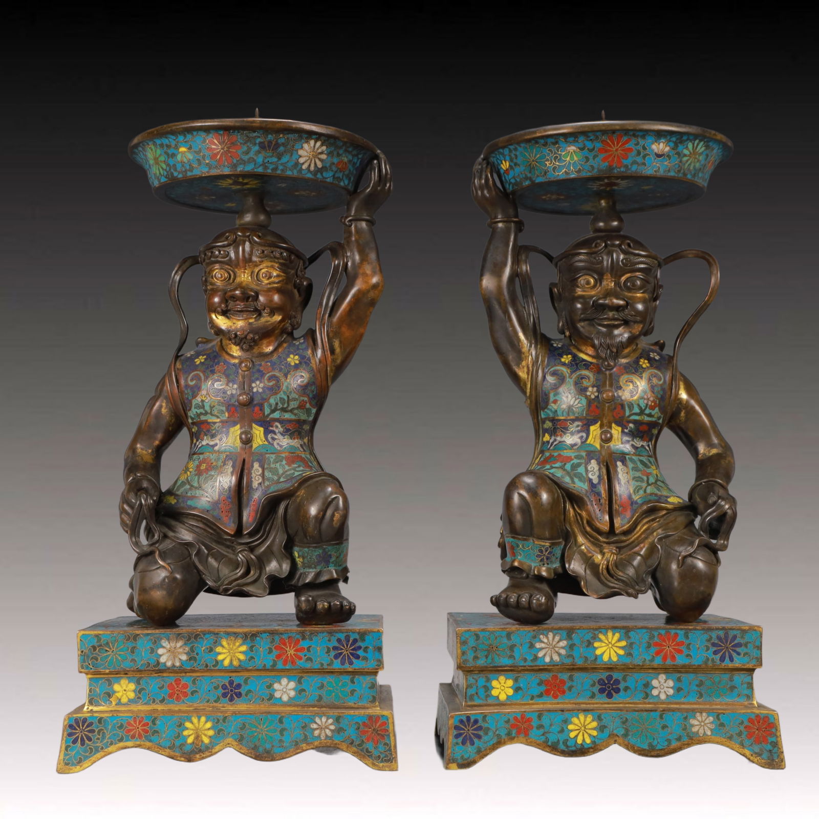A Pair of Huge Cloisonne Lotus Pattern Figure Candlesticks: A Pair of Huge Cloisonne Lotus Pattern Figure Candlesticks,Qing Dynasty, China,Size:8.5inx6.3inx18.1in,Total Weight:18000g 一对景泰蓝缠枝莲纹É