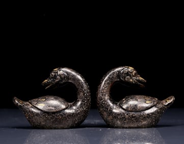 A Pair of Rare Bronze Inlaid Gold and Silver Goose Ornament