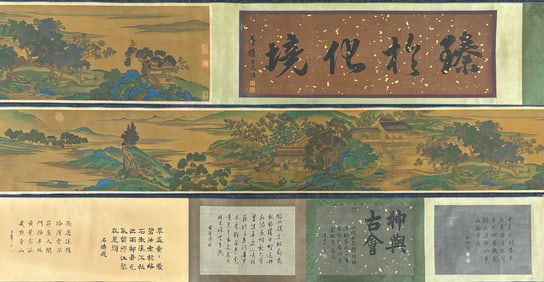 A Chinese Hand Scroll Ink Painting of Landscape and Figure on Silk,Chou Ying