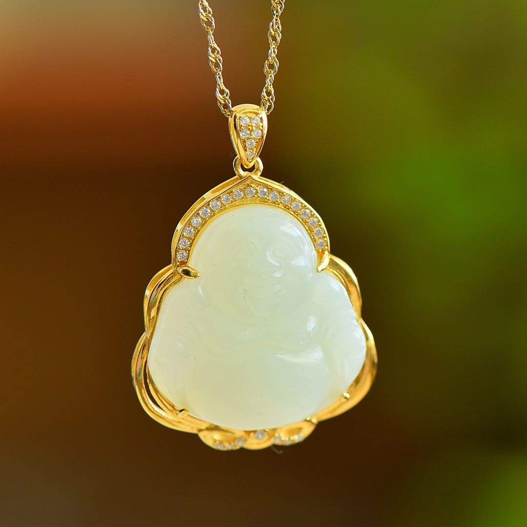 An Exquisite Sterling Silver-Gold Plated Inlaid White Jade Pendant: An Exquisite Sterling Silver-Gold Plated Inlaid White Jade Pendant, ?????????
