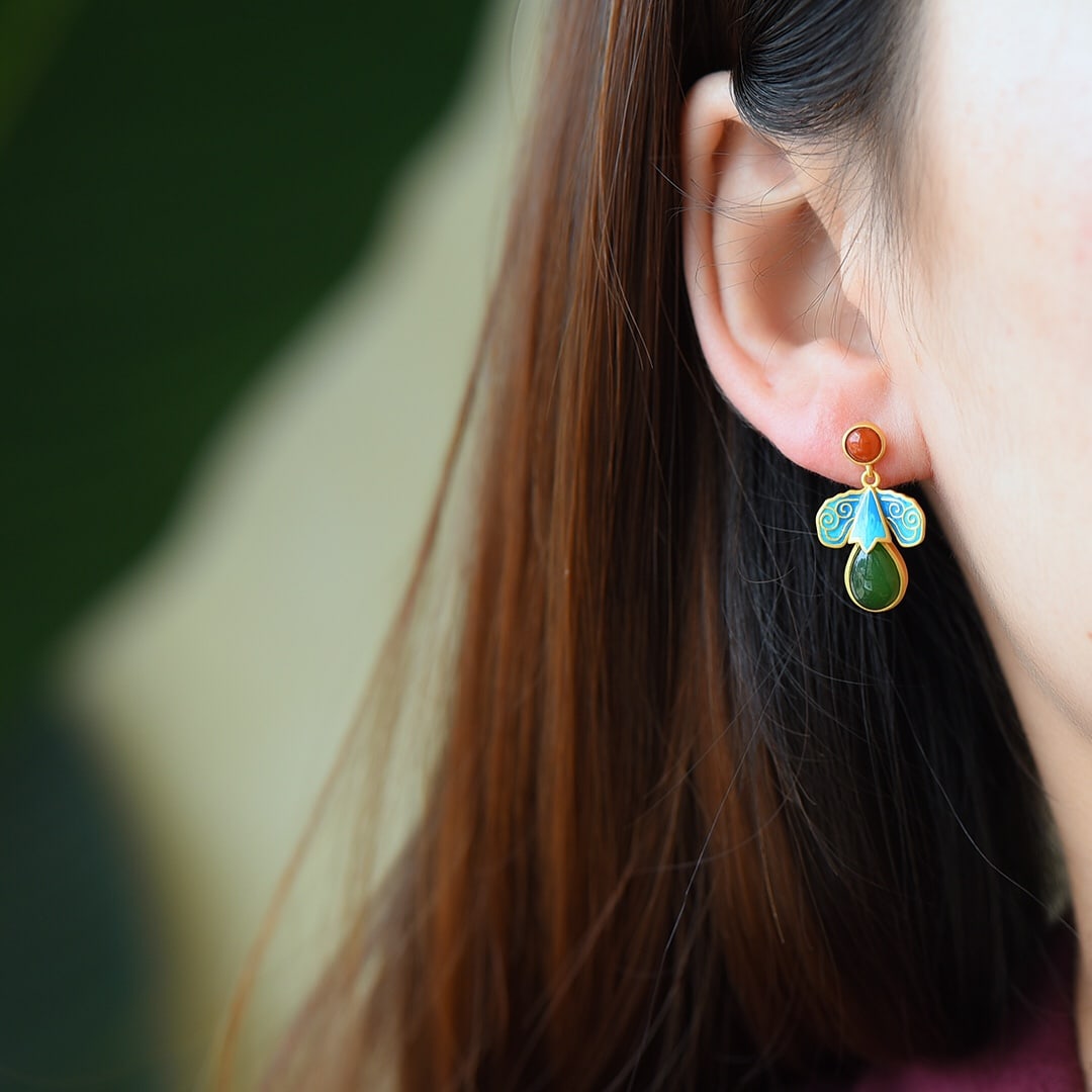 A Pair of Exquisite Sterling Silver-Gold Plated Inlaid Jasper Enamel Earrings: A Pair of Exquisite Sterling Silver-Gold Plated Inlaid Jasper Enamel Earrings,Size:6mmx9mm ??????????????