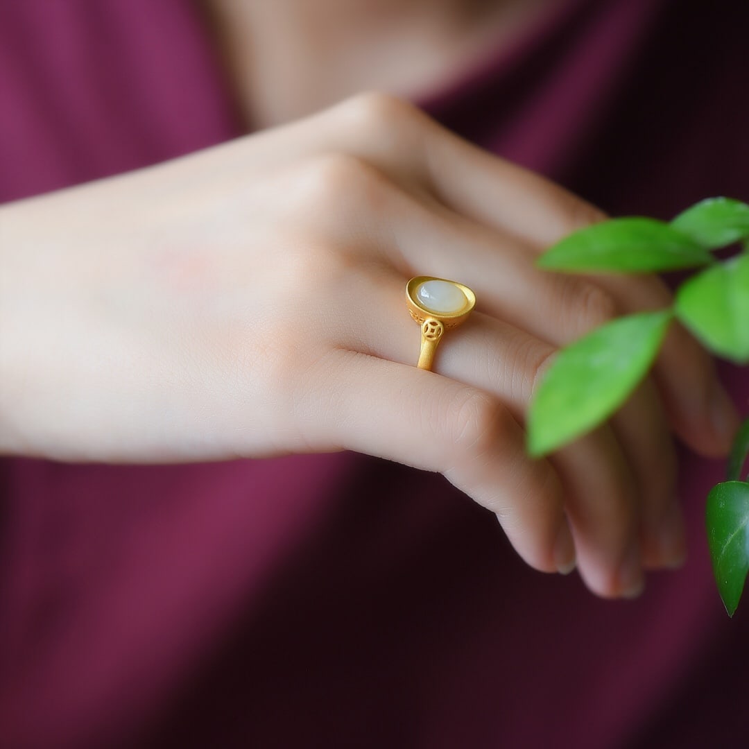 An Exquisite Sterling Silver-Gold Plated Inlaid White Jade Ring: An Exquisite Sterling Silver-Gold Plated Inlaid White Jade Ring,Size:6mmx8mm ?????????