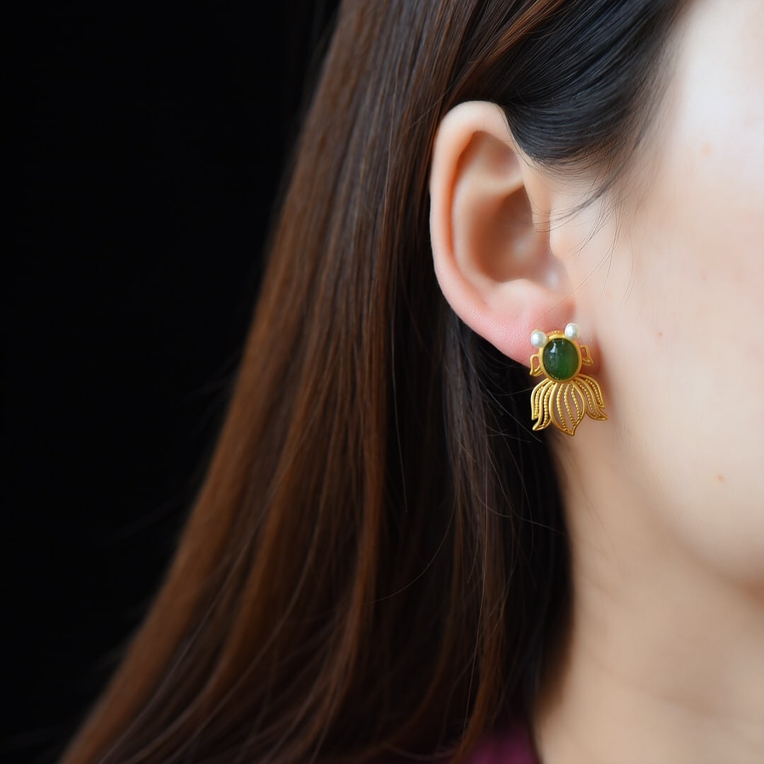 A Pair of Exquisite Sterling Silver-Gold Plated Inlaid Jasper Earrings,Inlaid Pearl: A Pair of Exquisite Sterling Silver-Gold Plated Inlaid Jasper Earrings,Inlaid Pearl,Size:6mmx8mm ???????????,??