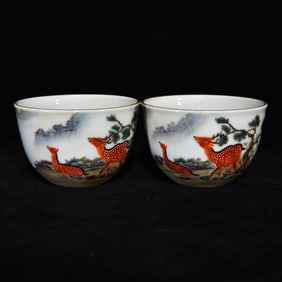 A Pair of Exquisite Enamel Pine and Deer Pattern Cups,with Poem