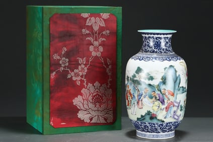 A Rare Blue and White Famille-Rose Figure and Story Pattern Vase