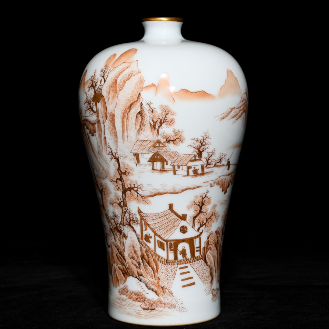 An Exquisite Iron-Red Painted Gold Landscape and Figure Pattern Vase: An Exquisite Iron-Red Painted Gold Landscape and Figure Pattern Vase,Qing Dynasty,China,Yongzheng Six-character Mark,Size:9.1inx4.7in 矾红描金山水人物&#