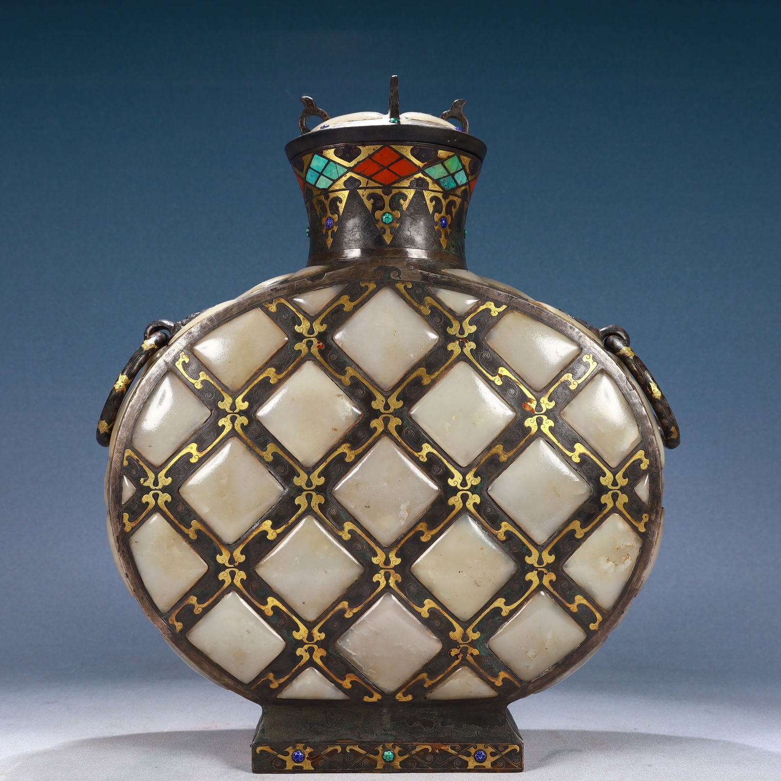 A Huge Bronze Inlaid Gold and Silver Inlaid White Jade Double-Ears Bottle: A Huge Bronze Inlaid Gold and Silver Inlaid White Jade Double-Ears Bottle,Qing Dynasty, China,Size:13inx4.3inx15.7in,Weight:6100g 铜错金银嵌白玉双೑