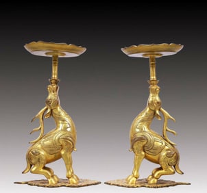 A Pair of Exquisite Gilt Bronze Deer Candlesticks