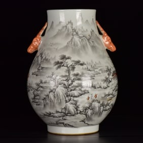 A Rare Ink Color Landscape and Figure Pattern Deer-Ears Vase