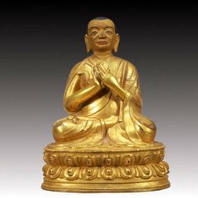 A Solemn Gilt Bronze Statue of Guru,With Inscription