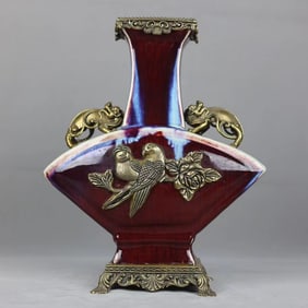 An Exquisite Flambe Glazed Flower and Bird Pattern Inlaid Bronze Double-Ears Vase