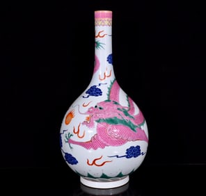 A Rare Famille-Rose Auspicious Cloud and Dragon Pattern Vase