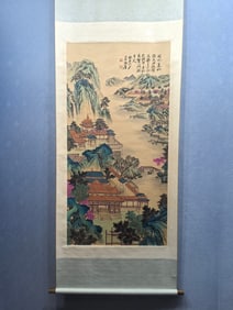 A Chinese Vertical Scroll Ink Painting of Landscape on Paper