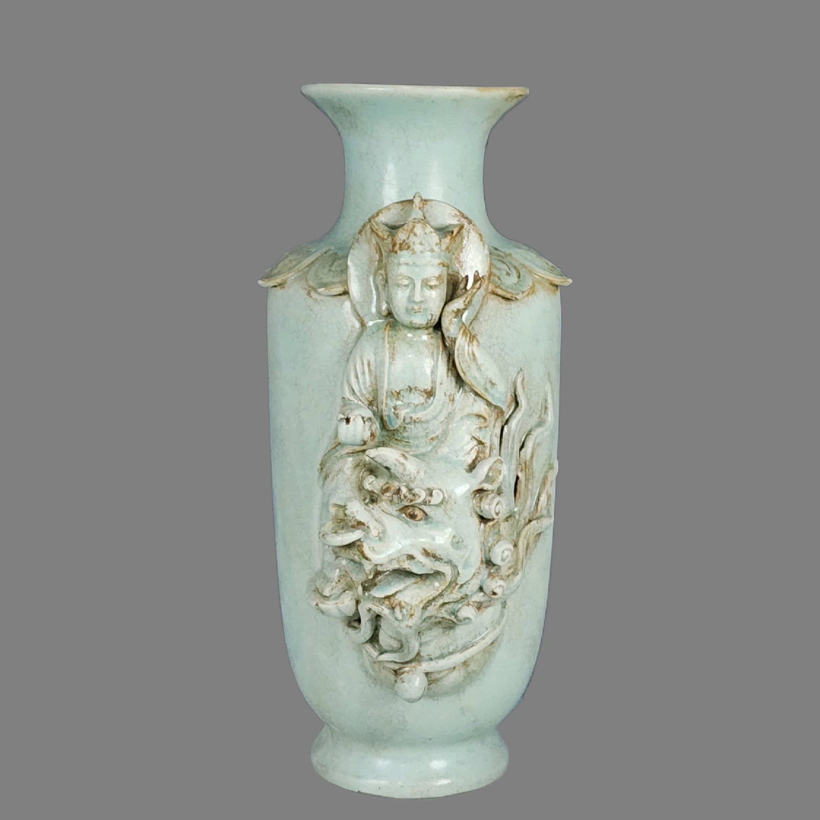 A Rare Ru yao Statue of Kshitigarbha Bodhisattva Pattern Vase: A Rare Ru yao Statue of Kshitigarbha Bodhisattva Pattern Vase,Song Dynasty,China,With Mark,Size:14.2inx7.9in 汝窑地藏王纹瓶,中国宋代,&