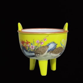 An Exquisite Yellow Ground Famille-Rose Flower and Bird Pattern Double-Ears and Tripod Censer