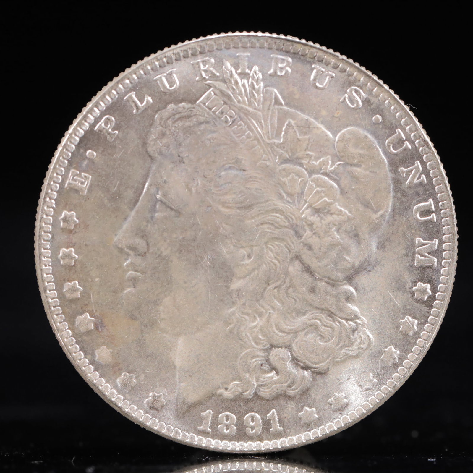 USA Morgan Dollar 1891 Coin: Obv: profile bust with date below and E PLURIBUS UNUM legend and stars around. Rev: eagle with In God we trust above within wreath with UNITED STATES OF AMERICA ONE DOLLAR legend. IN GOD WE TRUST / LI