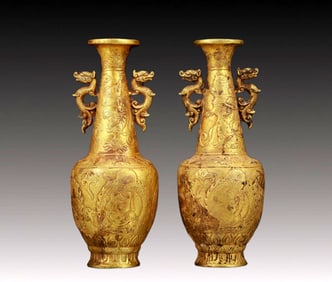 A Pair of Fine Gilt Bronze Figure Pattern Double-Ears Vase